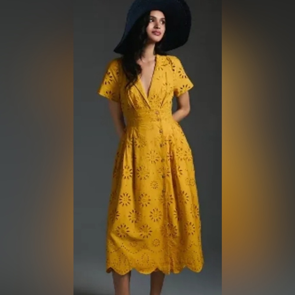 Yellow Eyelet Midi Dress
